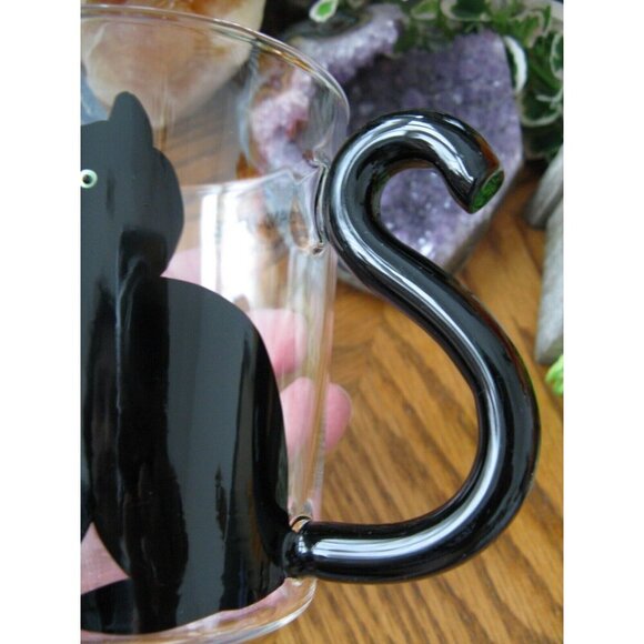 New Hand Painted Black Cat & Bats Clear Glass Tea Coffee Mug Cup w/ Tail Handle - Picture 6 of 9